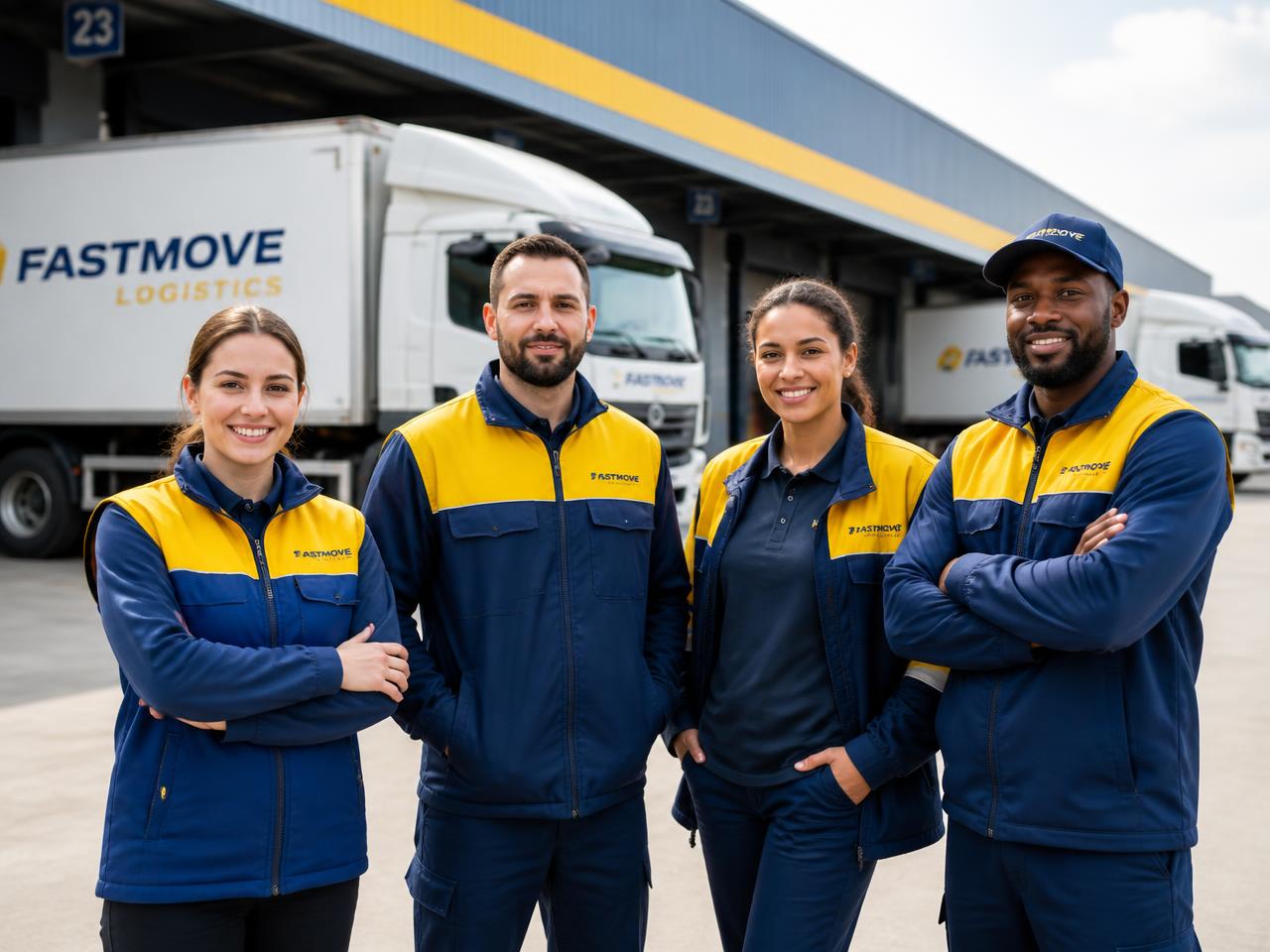 Equipo de trabajadores de logística con uniforme azul y amarillo junto a los camiones